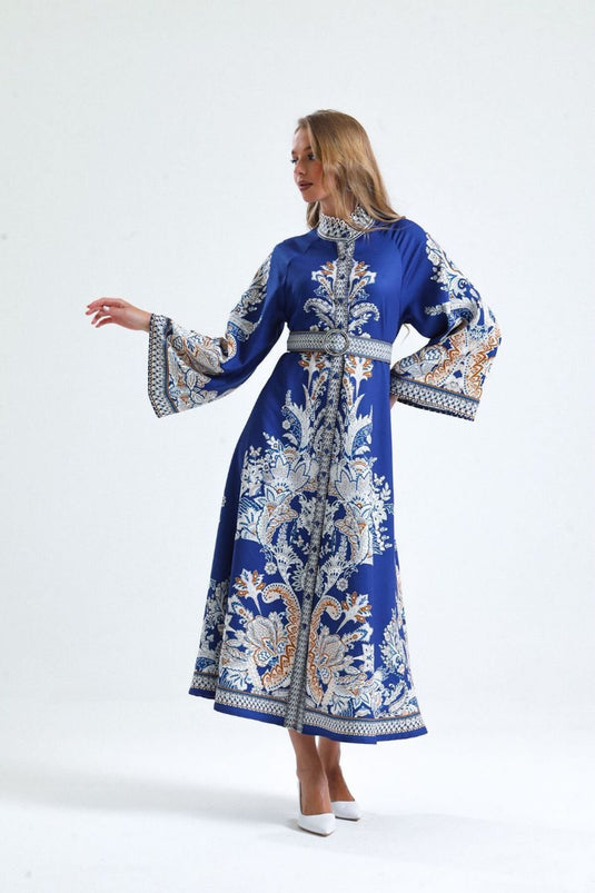 Atlas Kumaş Çiçek Desenli Gömlek Yaka Düğme Detaylı Laci Elbise (KEMER DAHİLDİR)-4235