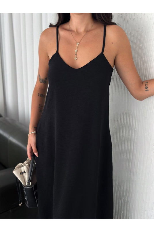 Airobin Kumaş & Cep Detaylı Elbise Kiloş Elbise-Sİyah-9005