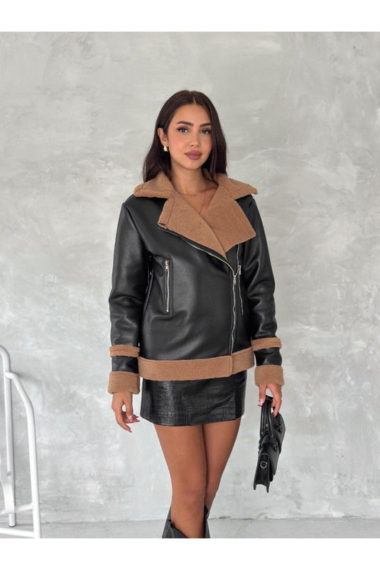 Astarlı Kuzu Deri Kürklü Mont -Beyaz