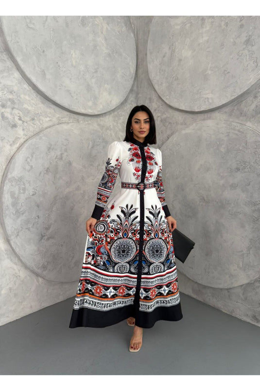 Atlas Kumaş Çiçek Desenli Gömlek Yaka Düğme Detaylı Mavi Elbise (KEMER DAHİLDİR)-2502