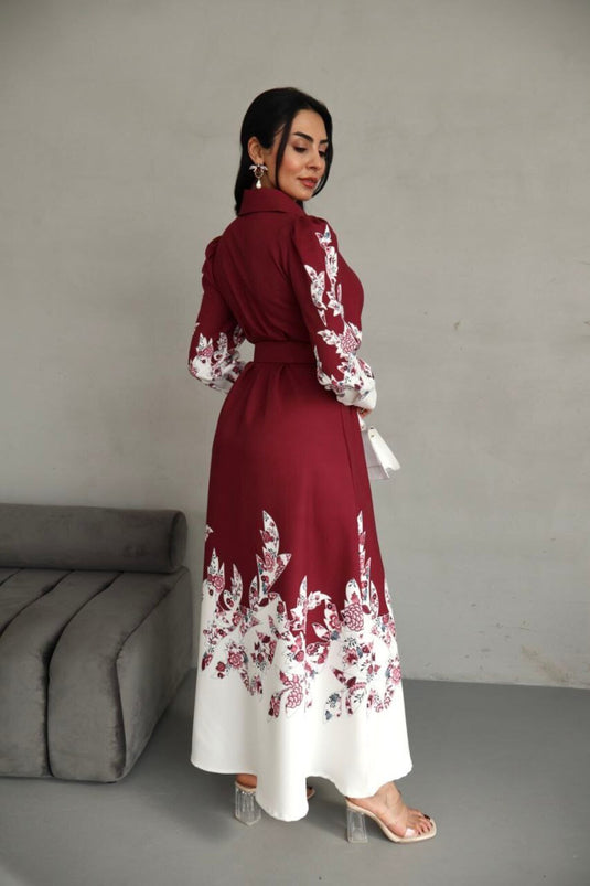 Atlas Kumaş Çiçek Desenli Gömlek Yaka Düğme Detaylı Siyah Elbise (KEMER DAHİLDİR)-2501