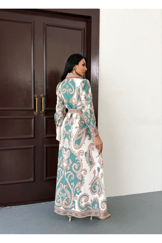 Atlas Kumaş Çiçek Desenli Gömlek Yaka Düğme Detaylı Beyaz Elbise (KEMER DAHİLDİR)-2599