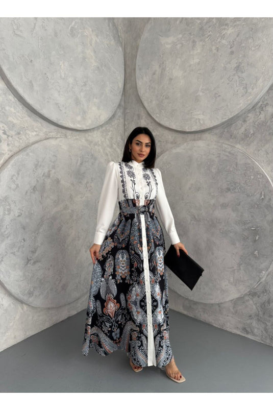 Atlas Kumaş Çiçek Desenli Gömlek Yaka Düğme Detaylı Mavi Elbise (KEMER DAHİLDİR)-2502