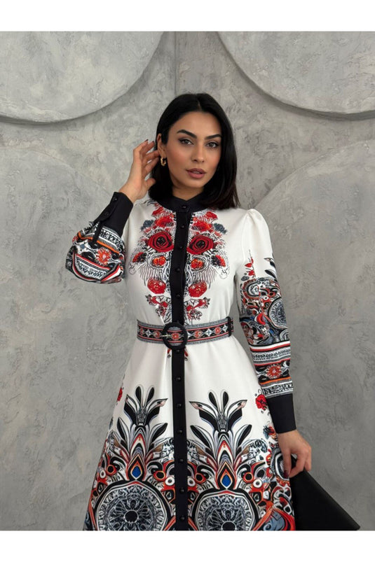 Atlas Kumaş Çiçek Desenli Gömlek Yaka Düğme Detaylı Mavi Elbise (KEMER DAHİLDİR)-2502