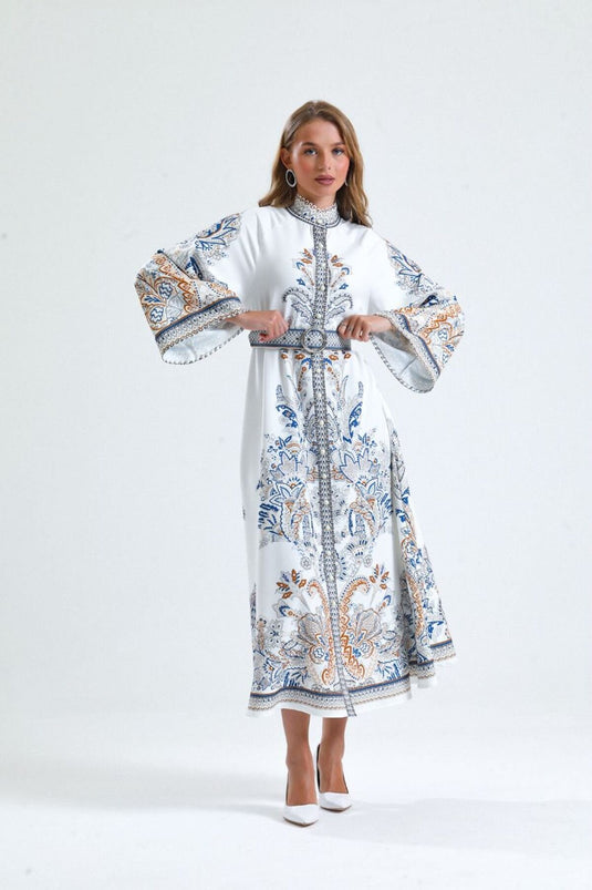 Atlas Kumaş Çiçek Desenli Gömlek Yaka Düğme Detaylı Laci Elbise (KEMER DAHİLDİR)-4235