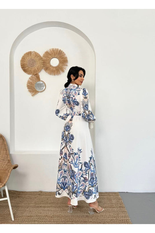 Atlas Kumaş Çiçek Desenli Gömlek Yaka Düğme Detaylı Beyaz Elbise (KEMER DAHİLDİR)-2599