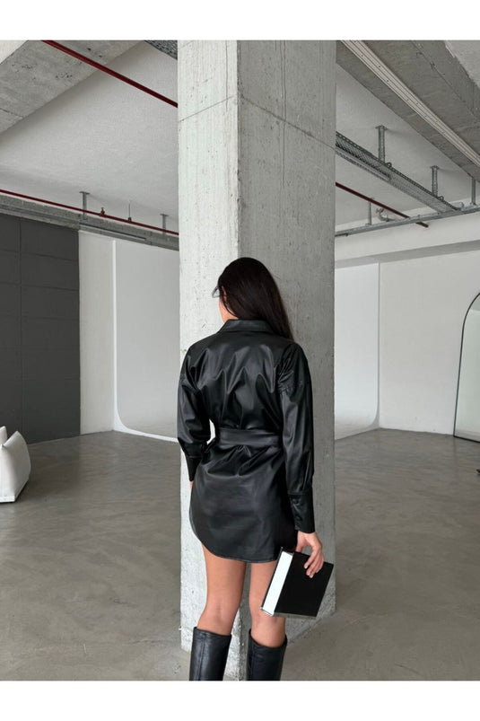 Astarlı Kürk Uzun Ceket, Gömlek Elbise-Beyaz