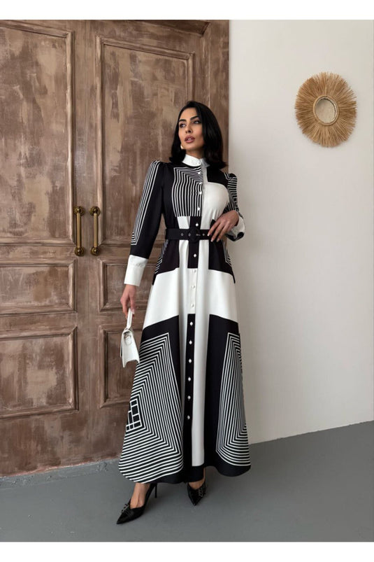 Atlas Kumaş Çiçek Desenli Gömlek Yaka Kırmızı Şerit Detaylı Elbise (KEMER DAHİLDİR)-42161