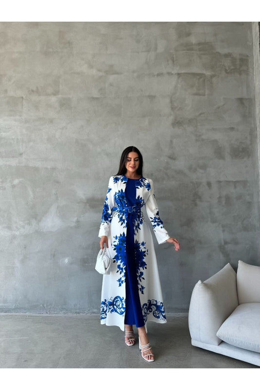 Atlas Kumaş Çiçek Desenli Bisiklet Yaka Ek Parça Detaylı Siyah Elbise (KEMER DAHİLDİR)-42127