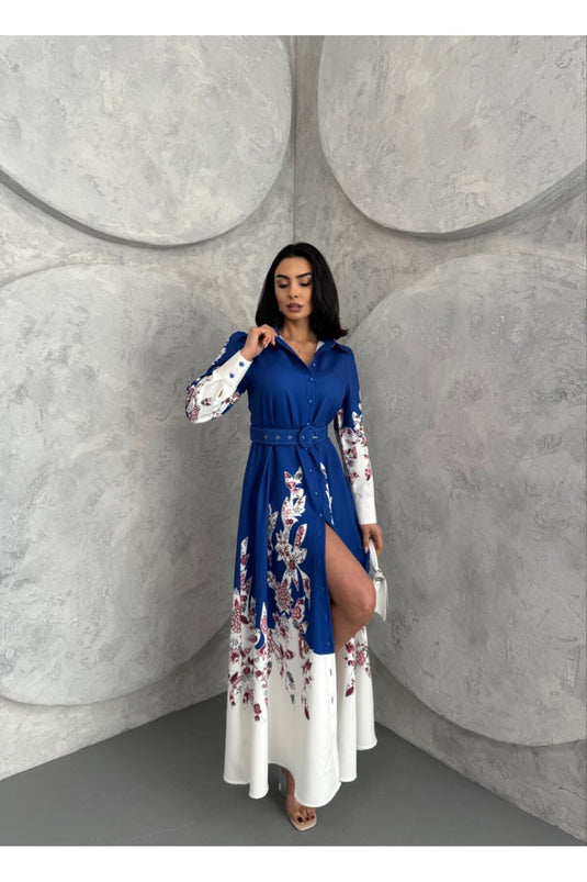 Atlas Kumaş Çiçek Desenli Gömlek Yaka Düğme Detaylı Siyah Elbise (KEMER DAHİLDİR)-2501