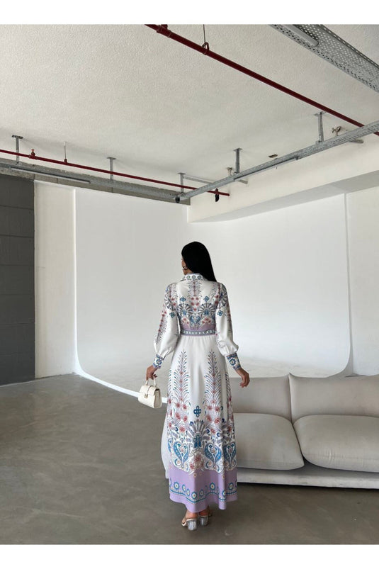 Atlas Kumaş Çiçek Desenli Gömlek Yaka Düğme Detaylı Lila Elbise (KEMER DAHİLDİR)-4249