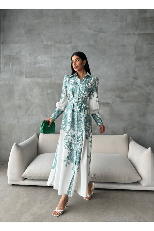 Atlas Kalın İç Göstermez Kumaş Elbise (KEMER DAHİLDİR)-Yeşil-4220