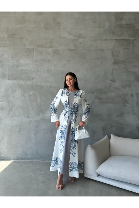 Atlas Kumaş Çiçek Desenli Bisiklet Yaka Ek Parça Detaylı Siyah Elbise (KEMER DAHİLDİR)-42127