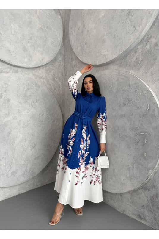 Atlas Kumaş Çiçek Desenli Gömlek Yaka Düğme Detaylı Siyah Elbise (KEMER DAHİLDİR)-2501