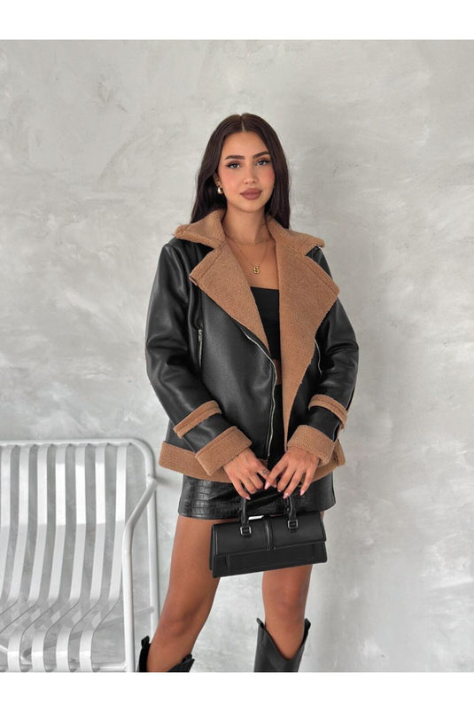 Astarlı Kuzu Deri Kürklü Mont -Beyaz