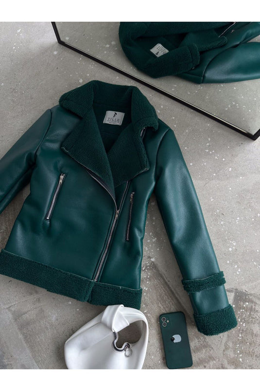 Astarlı Kuzu Deri Kürklü Mont -Beyaz