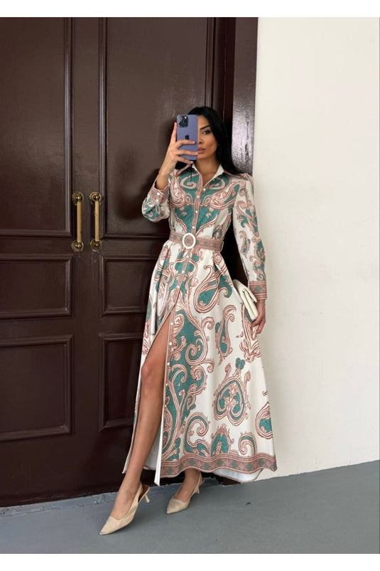 Atlas Kumaş Çiçek Desenli Gömlek Yaka Düğme Detaylı Beyaz Elbise (KEMER DAHİLDİR)-2599