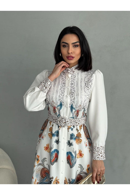 Atlas Kumaş Çiçek Desenli Gömlek Yaka Düğme Detaylı Mavi Elbise (KEMER DAHİLDİR)-2502