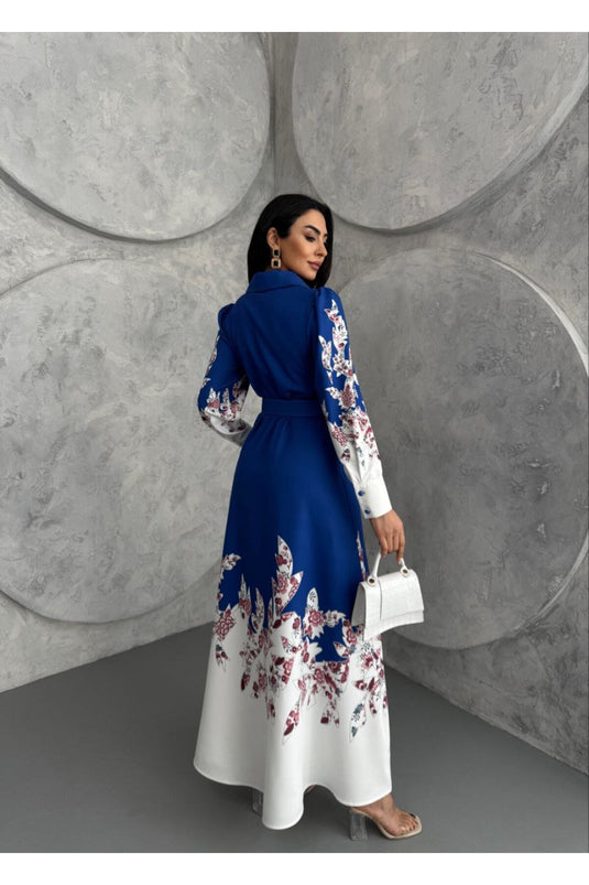 Atlas Kumaş Çiçek Desenli Gömlek Yaka Düğme Detaylı Siyah Elbise (KEMER DAHİLDİR)-2501