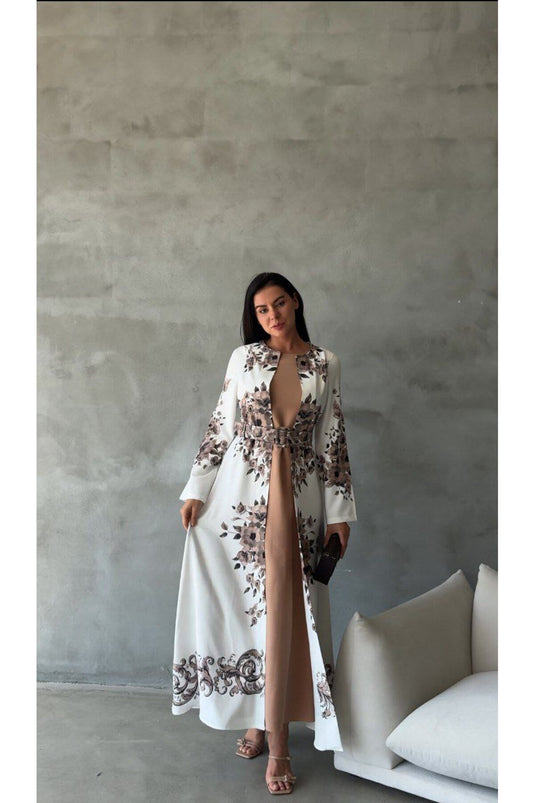 Atlas Kumaş Çiçek Desenli Bisiklet Yaka Ek Parça Detaylı Siyah Elbise (KEMER DAHİLDİR)-42127