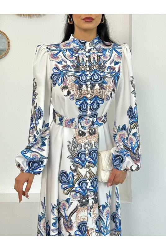 Atlas Kumaş Çiçek Desenli Gömlek Yaka Düğme Detaylı Beyaz Elbise (KEMER DAHİLDİR)-2599