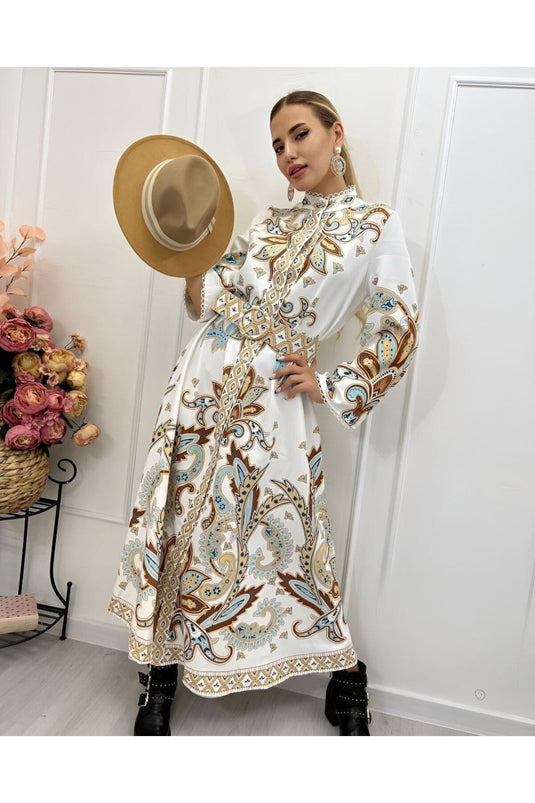 Atlas Kumaş Çiçek Desenli Gömlek Yaka Düğme Detaylı Laci Elbise (KEMER DAHİLDİR)-4235