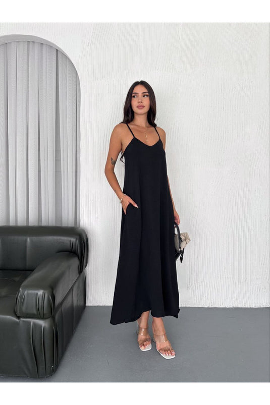 Airobin Kumaş & Cep Detaylı Elbise Kiloş Elbise-Sİyah-9005