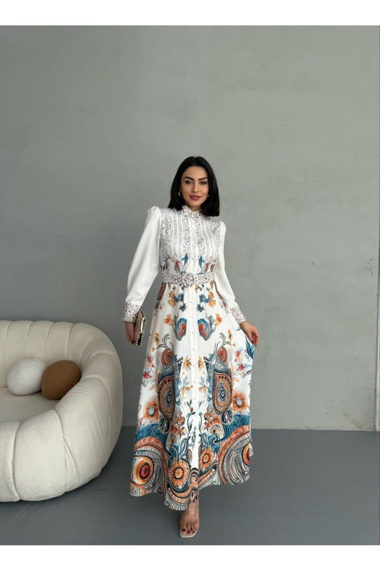 Atlas Kumaş Çiçek Desenli Gömlek Yaka Düğme Detaylı Mavi Elbise (KEMER DAHİLDİR)-2502