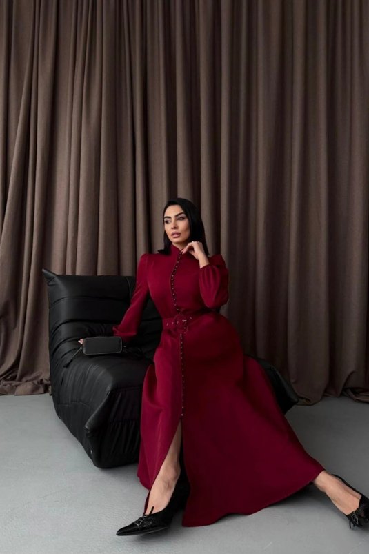 Atlas Kumaş Kalın İç Göstermez Düğme Detaylı Balıkçı Yaka Elbise (KEMER DAHİLDİR)-2511