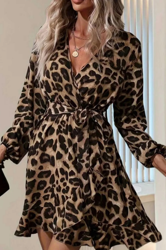 Uzun Kollu Kruvaze Yaka Belden Kuşaklı Leopar Desenli Dalgıç Elbise