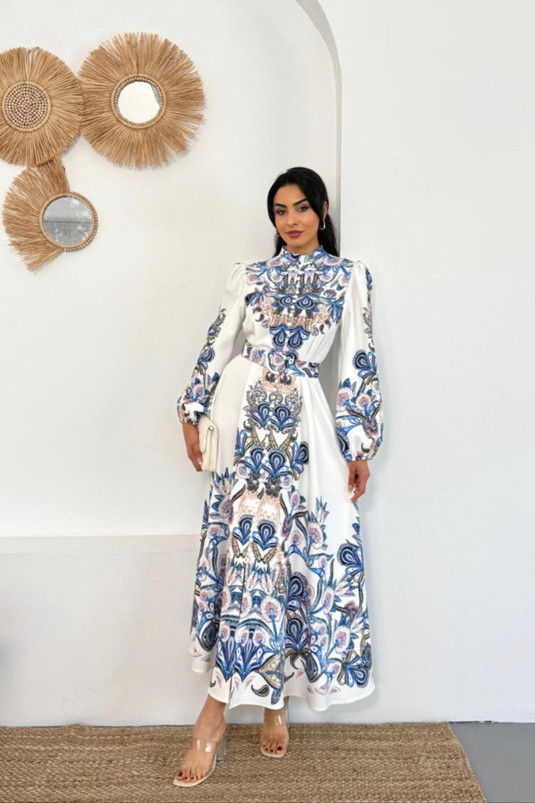 Atlas Kumaş Çiçek Desenli Balıkçı Yaka Full Düğme Detaylı Elbise (KEMER DAHİLDİR)-2536