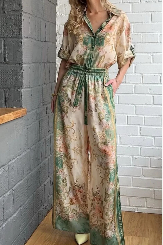 Keten Kumaş Gömlek & Pantolon Çiçekli İkili Takım- 2739