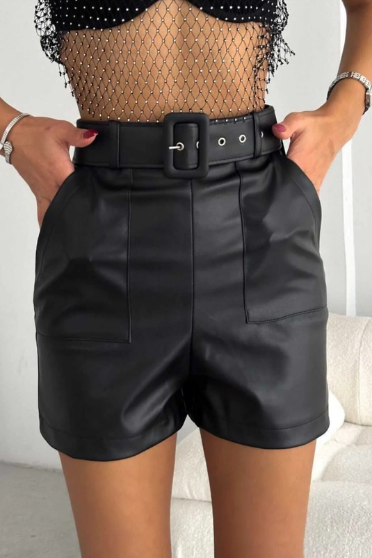 İthal İçi Şardonlu Kemerli Yüksek Bel Geniş Paça Deri Şort