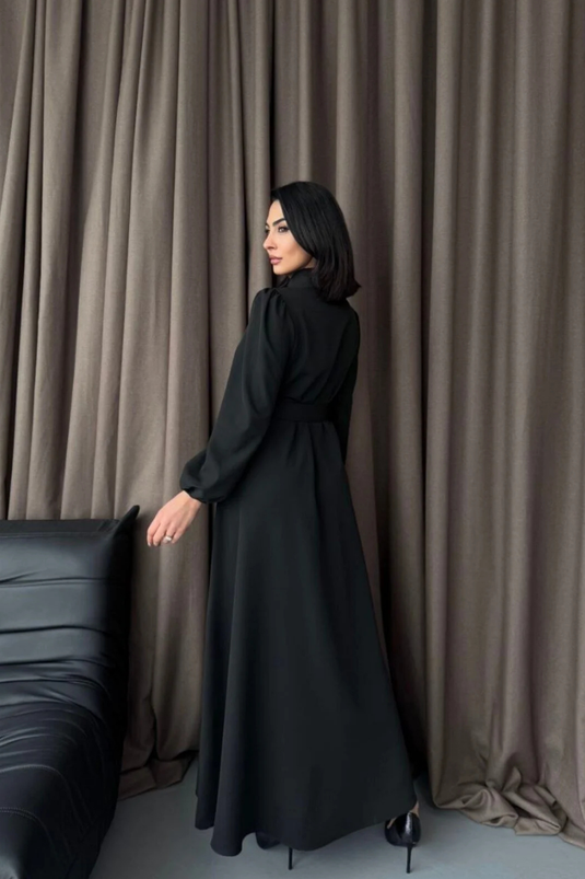 Atlas Kumaş Kalın İç Göstermez Düğme Detaylı Balıkçı Yaka Elbise (KEMER DAHİLDİR)-2511