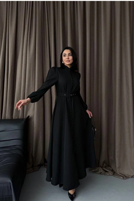 Atlas Kumaş Kalın İç Göstermez Düğme Detaylı Balıkçı Yaka Elbise (KEMER DAHİLDİR)-2511