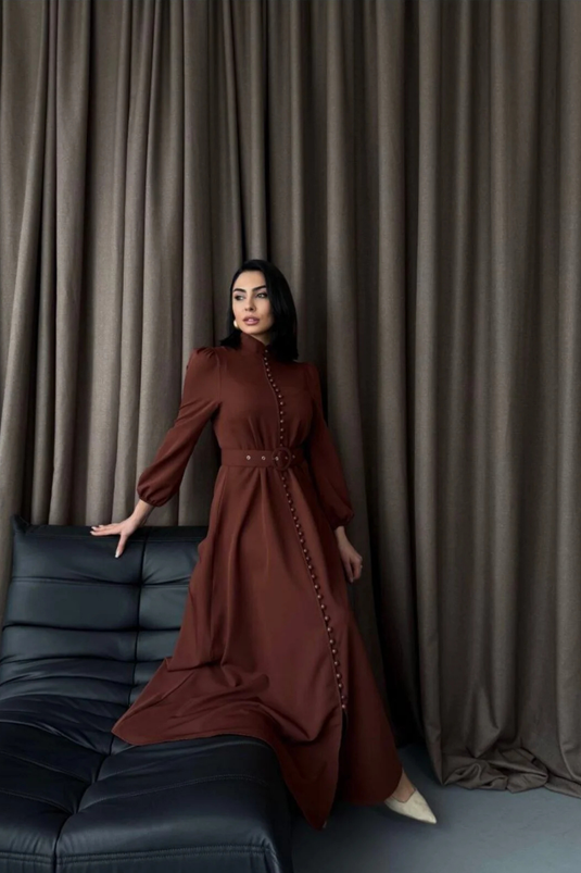 Atlas Kumaş Kalın İç Göstermez Düğme Detaylı Balıkçı Yaka Elbise (KEMER DAHİLDİR)-2511