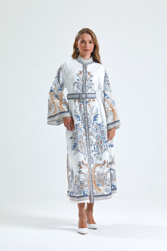 Atlas Kumaş Çiçek Desenli Gömlek Yaka Düğme Detaylı Elbise (KEMER DAHİLDİR)-2393