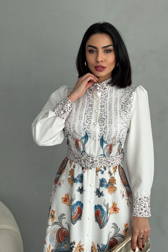 Atlas Kumaş Çiçek Desenli Gömlek Yaka Düğme Detaylı Elbise (KEMER DAHİLDİR) 2502-4