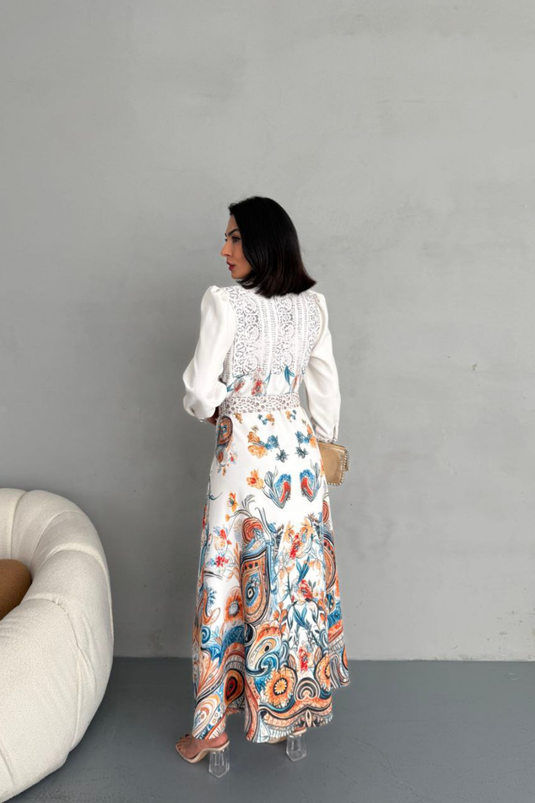 Atlas Kumaş Çiçek Desenli Gömlek Yaka Düğme Detaylı Elbise (KEMER DAHİLDİR) 2502-4