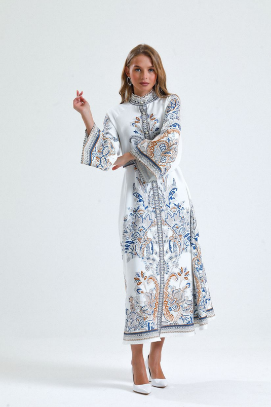 Atlas Kumaş Çiçek Desenli Gömlek Yaka Düğme Detaylı Elbise (KEMER DAHİLDİR)-2393