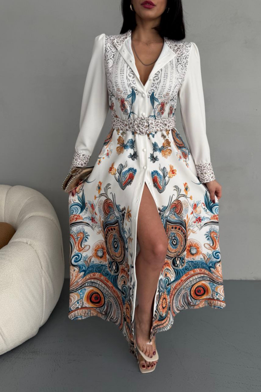 Atlas Kumaş Çiçek Desenli Gömlek Yaka Düğme Detaylı Elbise (KEMER DAHİLDİR) 2502-4