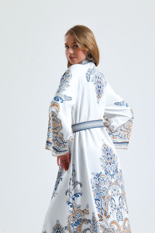 Atlas Kumaş Çiçek Desenli Gömlek Yaka Düğme Detaylı Elbise (KEMER DAHİLDİR)-2393