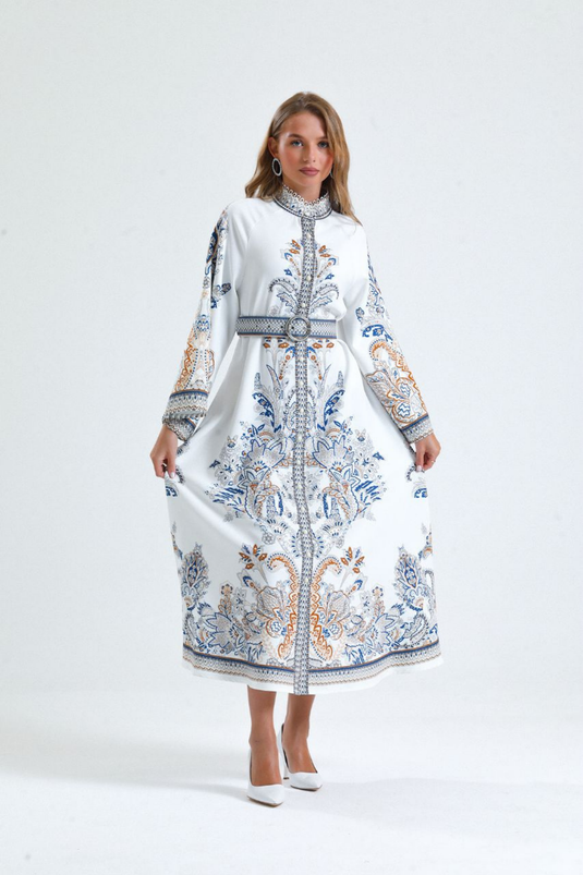 Atlas Kumaş Çiçek Desenli Gömlek Yaka Düğme Detaylı Elbise (KEMER DAHİLDİR)-2393