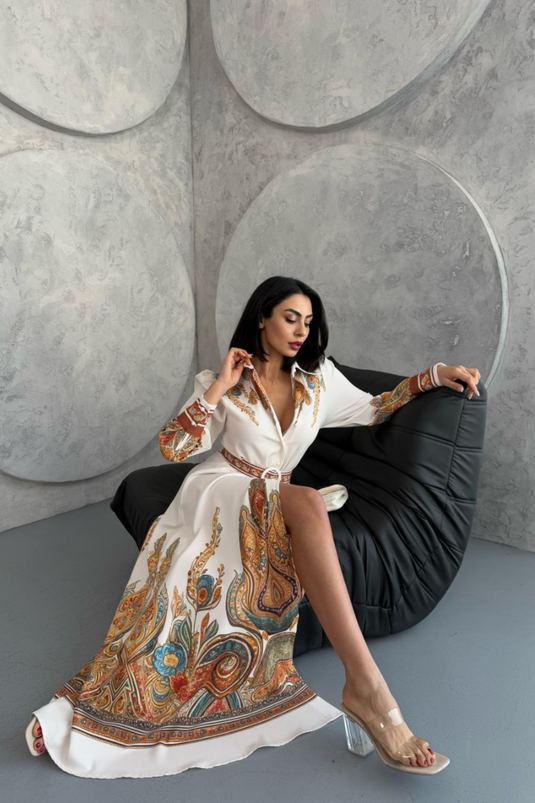 Atlas Kumaş Çiçek Desenli Gömlek Yaka Düğme Detaylı Elbise (KEMER DAHİLDİR)2501-1