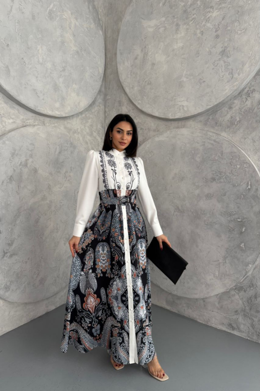 Atlas Kumaş Çiçek Desenli Gömlek Yaka Düğme Detaylı Elbise (KEMER DAHİLDİR) 2502-3