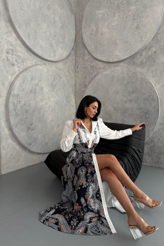 Atlas Kumaş Çiçek Desenli Gömlek Yaka Düğme Detaylı Elbise (KEMER DAHİLDİR) 2502-3