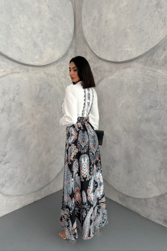 Atlas Kumaş Çiçek Desenli Gömlek Yaka Düğme Detaylı Elbise (KEMER DAHİLDİR) 2502-3