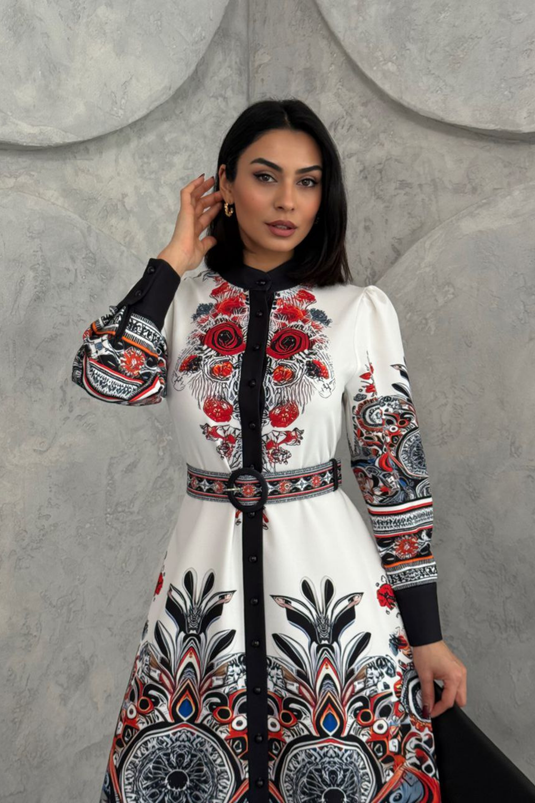 Atlas Kumaş Çiçek Desenli Gömlek Yaka Düğme Detaylı Elbise (KEMER DAHİLDİR) 2502-5