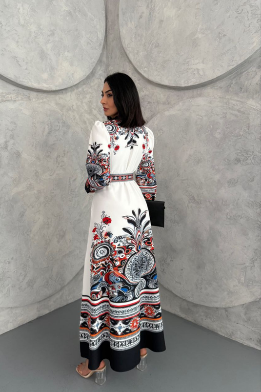 Atlas Kumaş Çiçek Desenli Gömlek Yaka Düğme Detaylı Elbise (KEMER DAHİLDİR) 2502-5