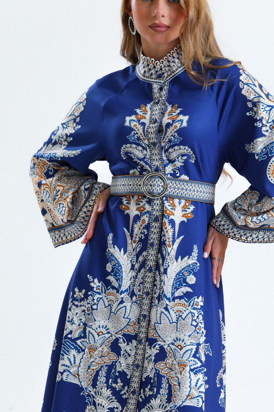 Atlas Kumaş Çiçek Desenli Gömlek Yaka Düğme Detaylı Elbise (KEMER DAHİLDİR)-2393